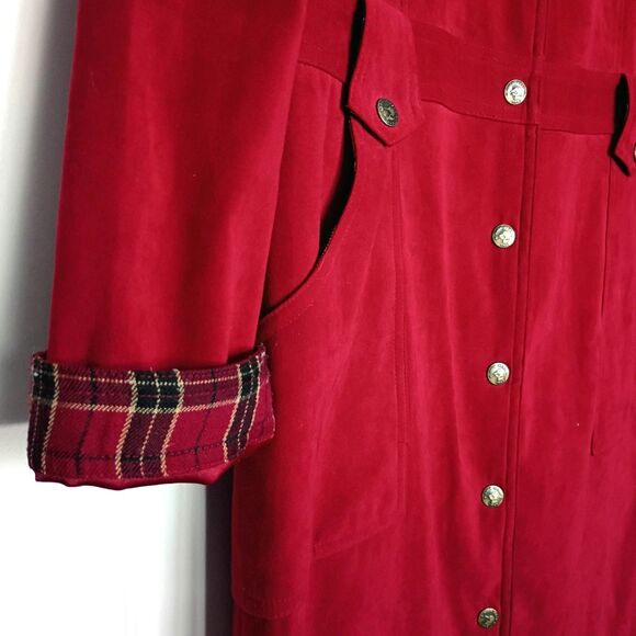 Vintage Duck Head Coat Dress Red Snap Up Plaid Trim Women's 16 Duster Trench - Picture 4 of 7